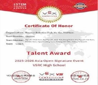 Talent Award certificate — VEX Asia Open Signature Event, Team 28176N