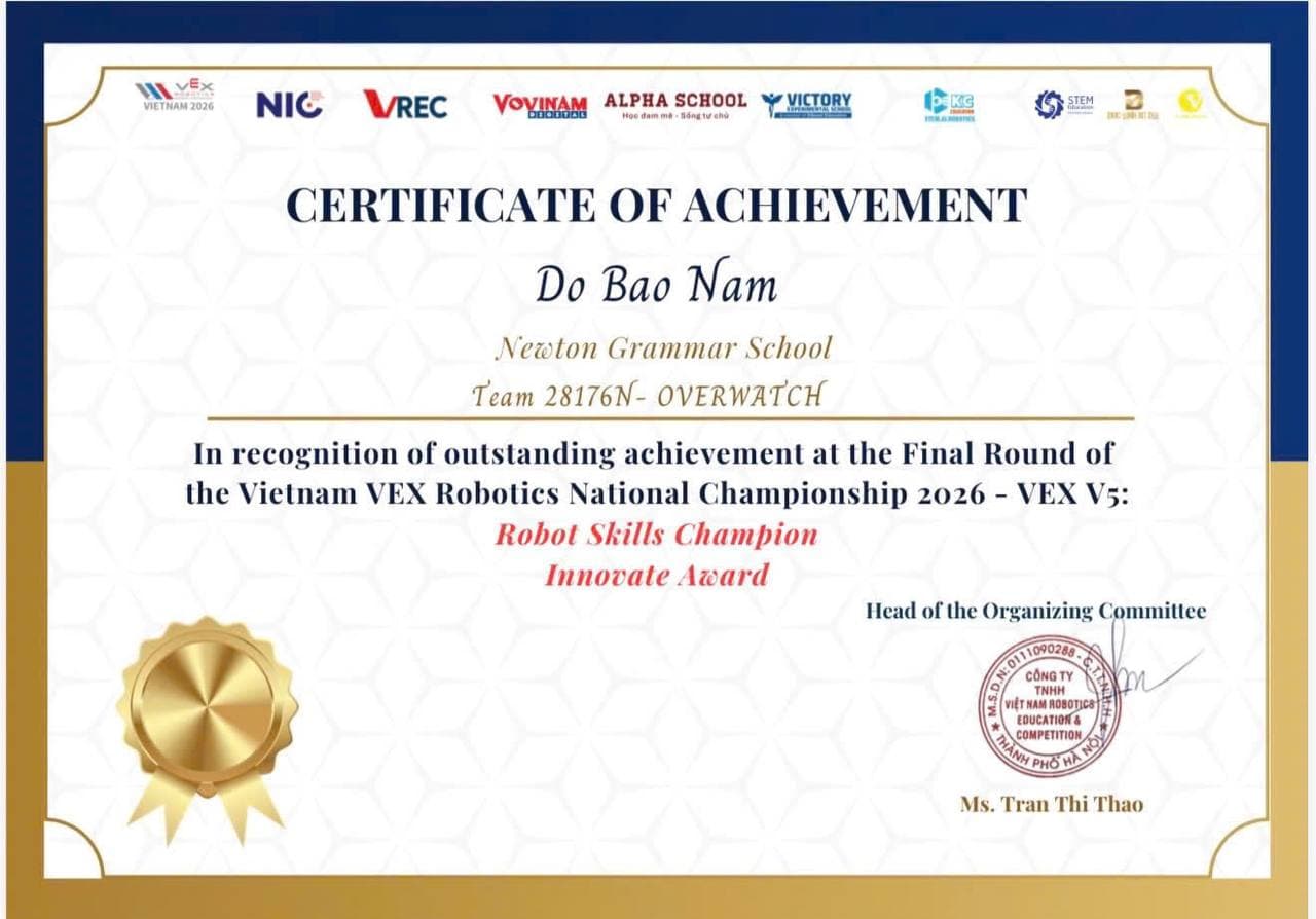 Robot Skills Champion & Innovate Award certificate — Vietnam National VEX Robotics 2026