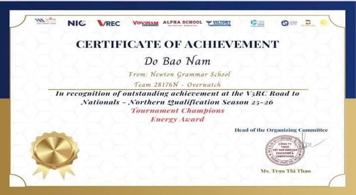 Certificate — Tournament Champions & Energy Award, Team 28176N