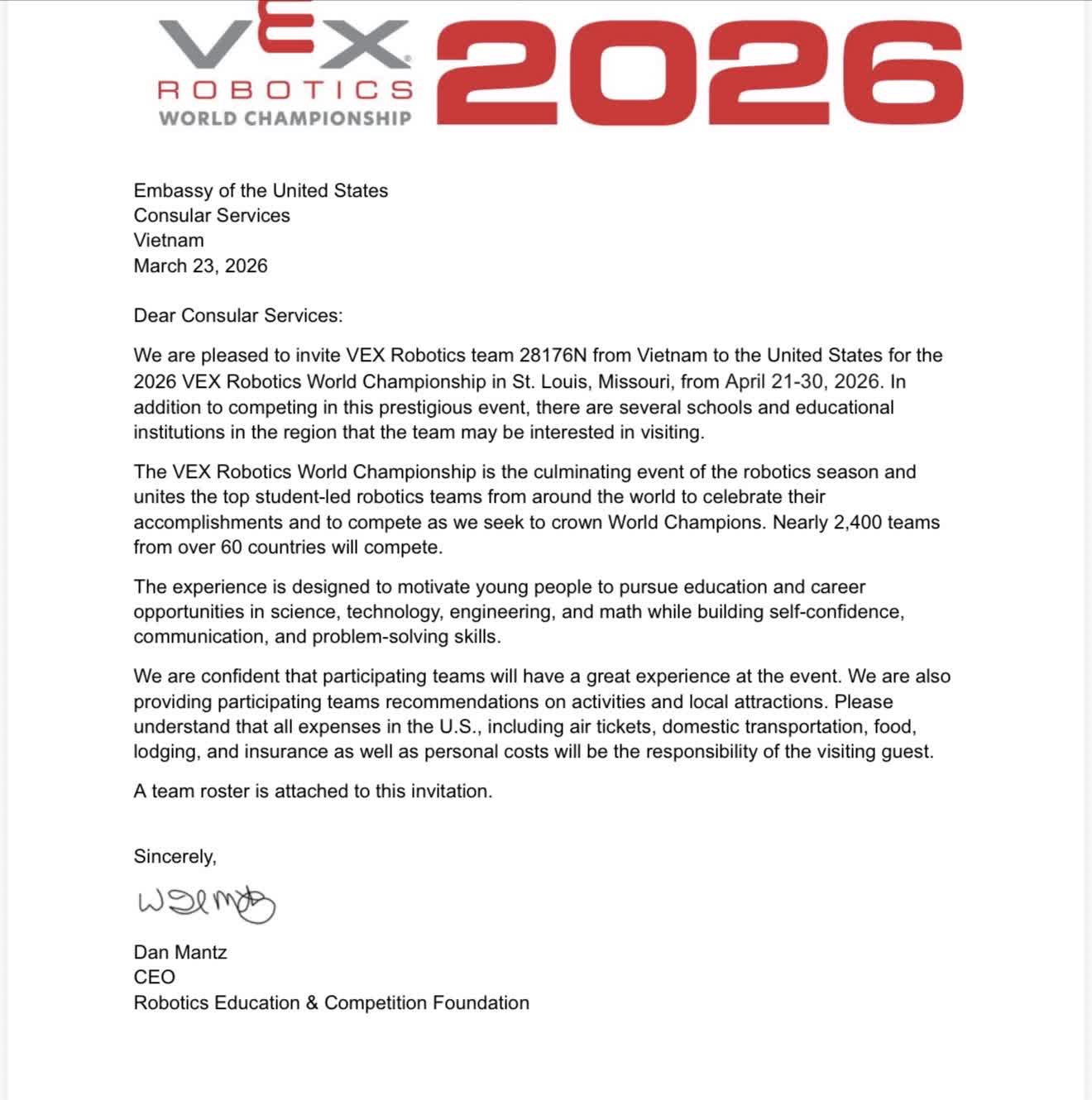 Official VEX Worlds 2026 invitation from the REC Foundation for team 28176N