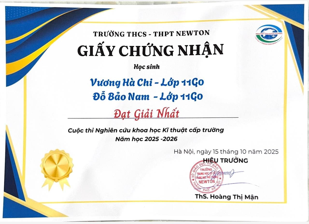 First Prize certificate — Newton school Science-and-Engineering Research (2025–26), Vương Hà Chi & Đỗ Bảo Nam