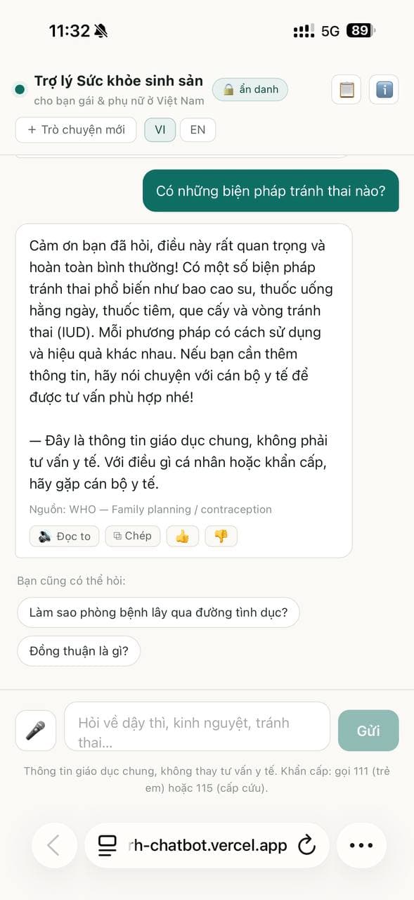 The SRH chatbot answering a question about contraception, with a cited source