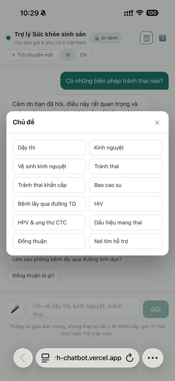 Tap-to-ask topic menu covering puberty, menstruation, contraception and more